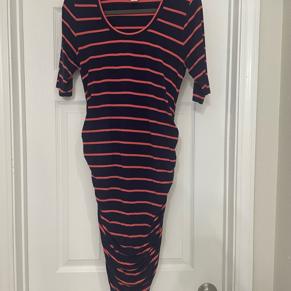 Motherhood Maternity Navy and Coral Striped Midi Dress